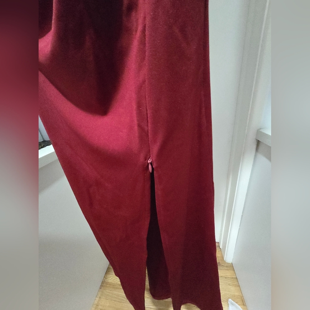 Burgundy V-Neck Maxi Dress, Tulip Sleeves, Adjustable Side Slit Sz 16 - Picture 11 of 14
